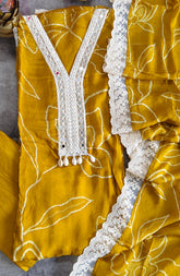 Chinnon Digital Print Mirror Glow Suit Set with Crochet Lacing Stole Dupatta